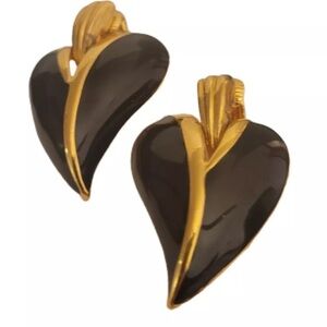 1980s Vintage JS Gold Tone & Black Enamel Heart Shaped Articulated Earri…